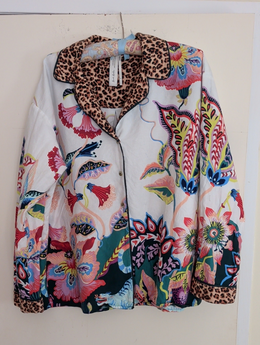 Anthropologie Floral Button-Down Pajama Top with Leopard Trim